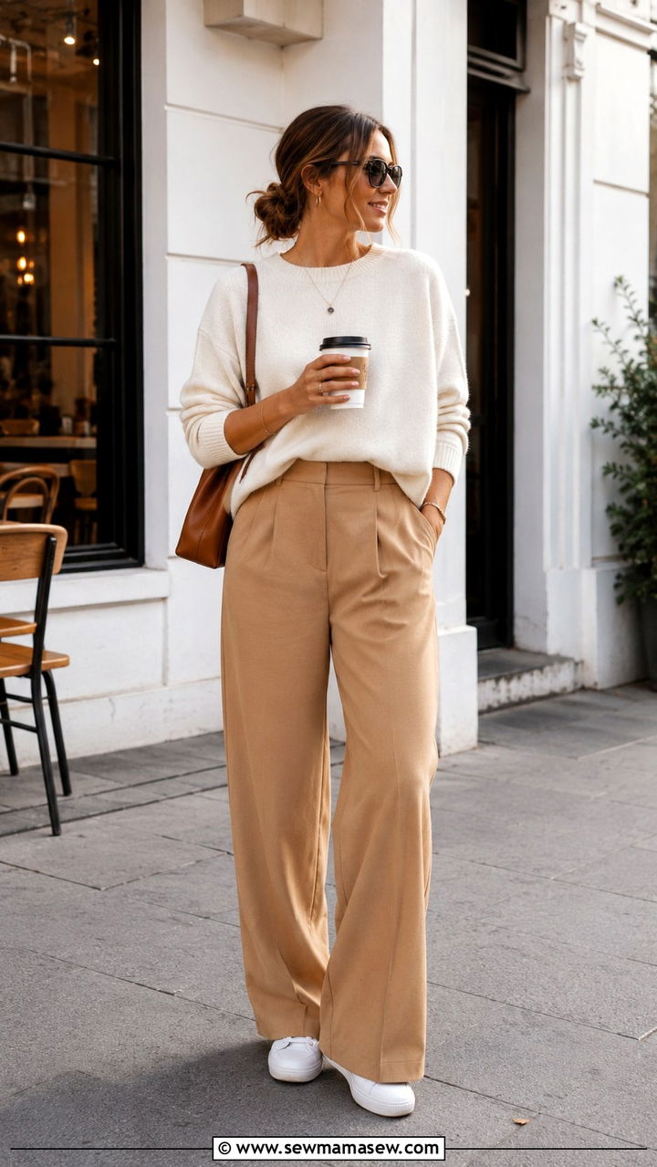 Boxy cotton sweater with wide leg trousers and sneakers - 30 Sweater outfit ideas for women over 40