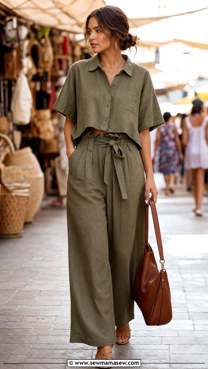 Boxy cropped shirt and high waist paperbag trouser coord set - 25 Coord set outfit ideas for travel