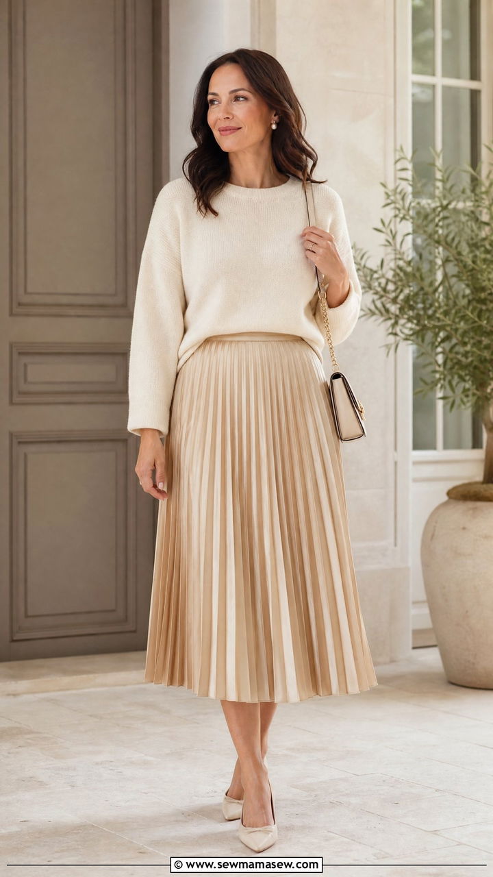 Boxy knit sweater and pleated midi skirt outfit for tummy - 25 casual outfits for women with tummy