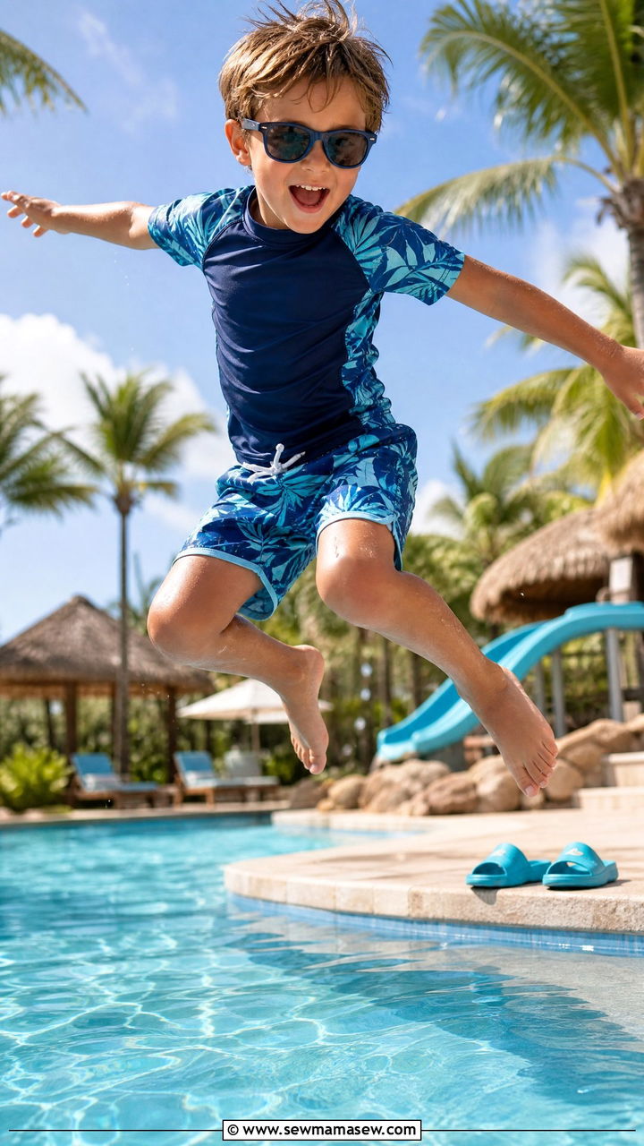 Boy board shorts with a coordinating rash guard and pool slides outfit - 30 Kids vacation outfit ideas