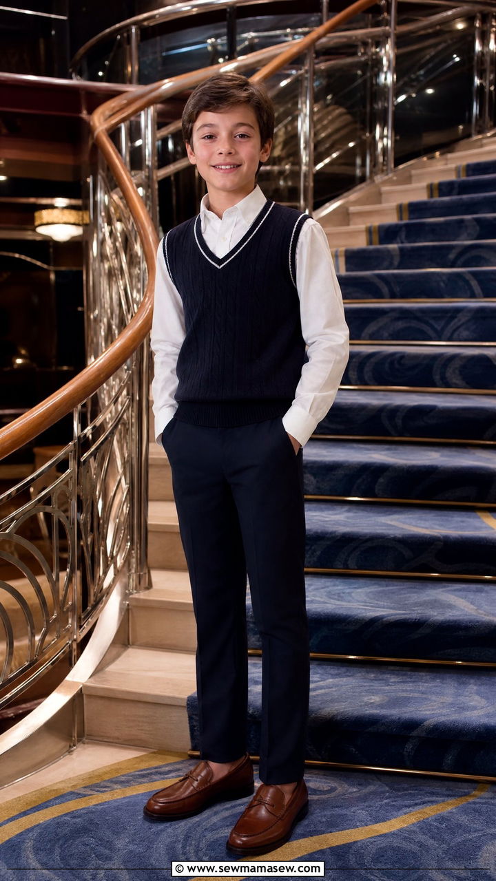 Boy crisp button down shirt with pull on dress pants cruise formal night outfit - 30 Kids vacation outfit ideas
