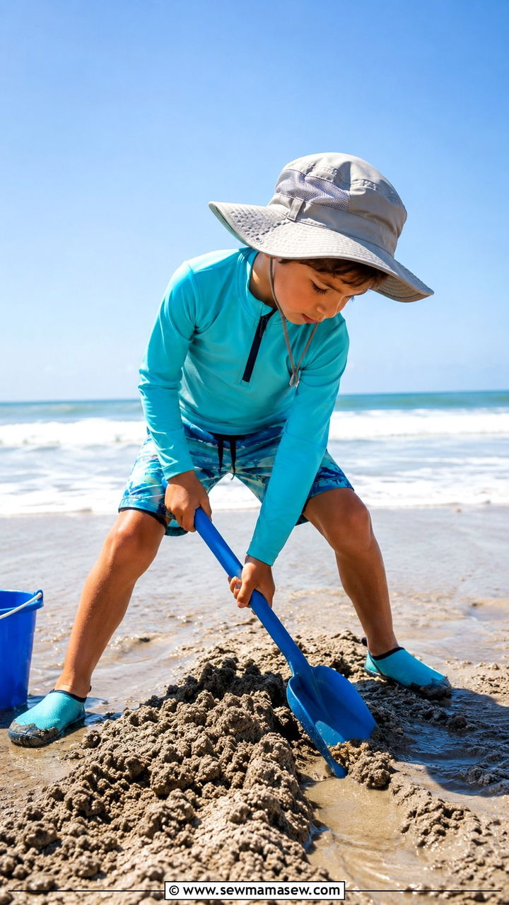 Boy long sleeve rash guard with swim trunks and aqua socks beach day outfit - 30 Kids vacation outfit ideas