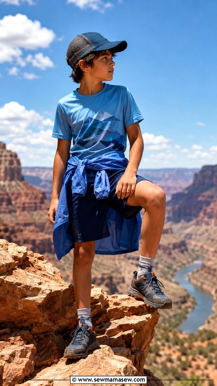 Boy performance tee with athletic shorts and trail sneakers outdoor adventure outfit - 30 Kids vacation outfit ideas