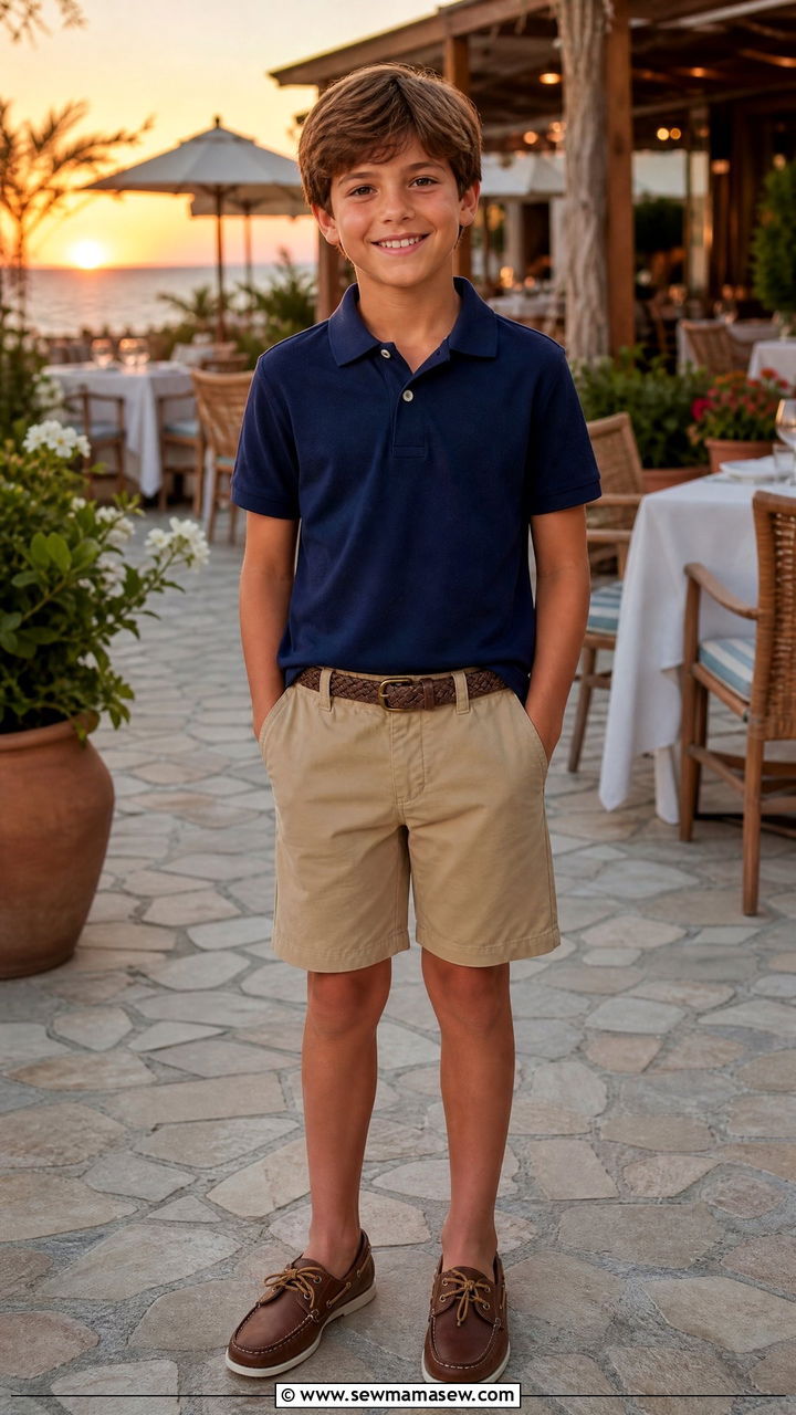 Boy polo shirt with pull on khaki shorts and boat shoes dinner outfit - 30 Kids vacation outfit ideas