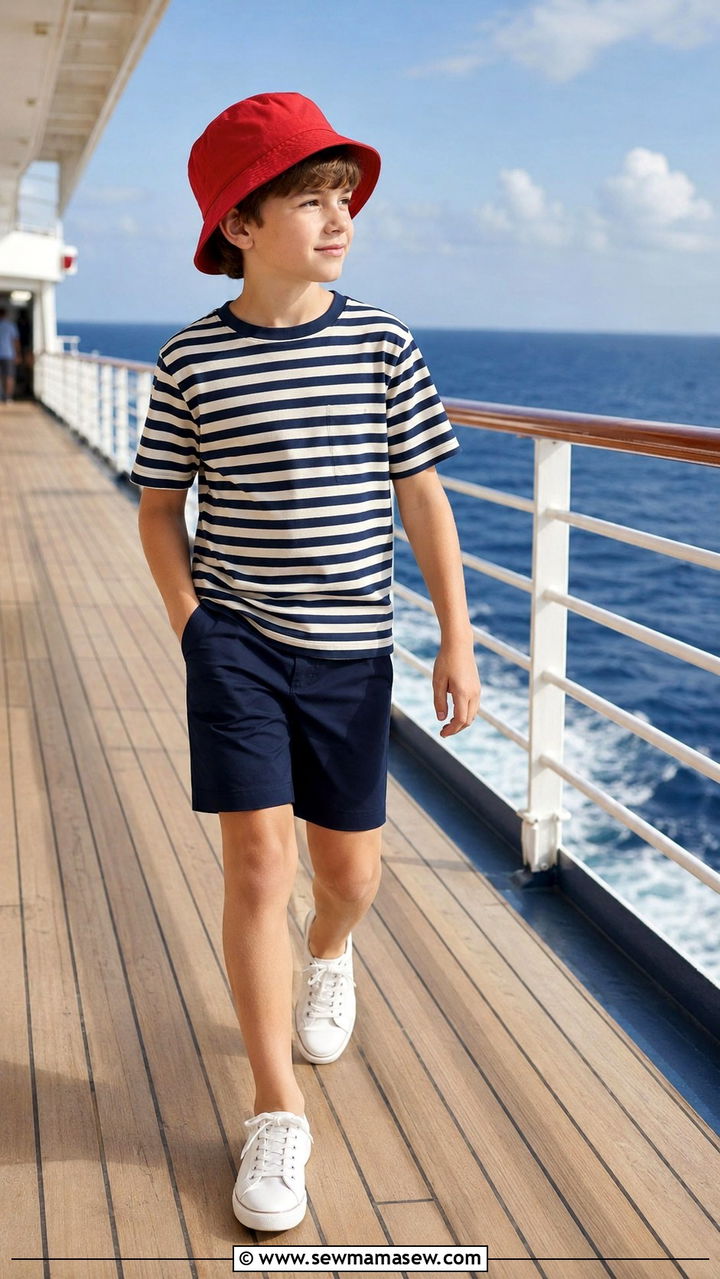 Boy sailor stripe t shirt with navy shorts and canvas sneakers cruise outfit - 30 Kids vacation outfit ideas