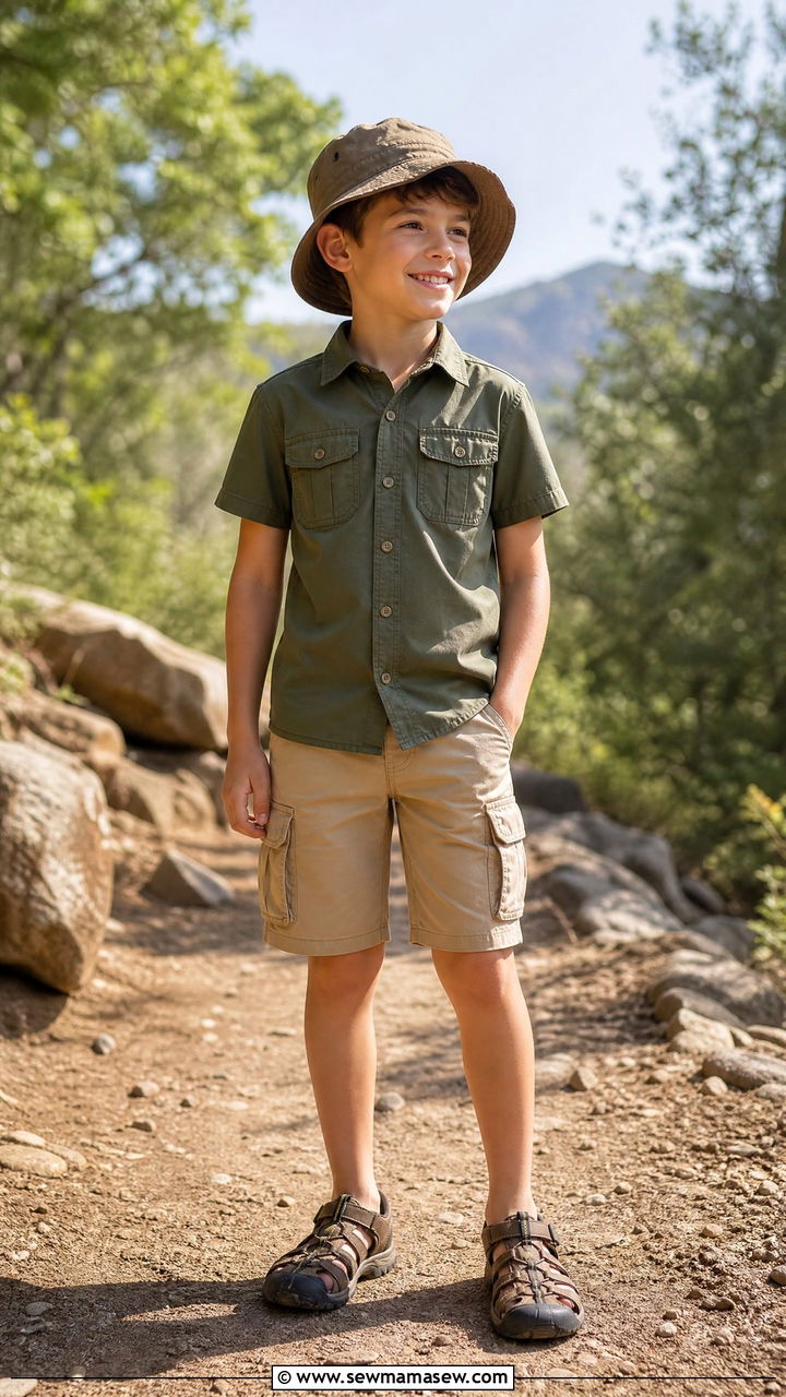 Boy short sleeve button up shirt and cargo shorts safari outfit - 30 Kids vacation outfit ideas