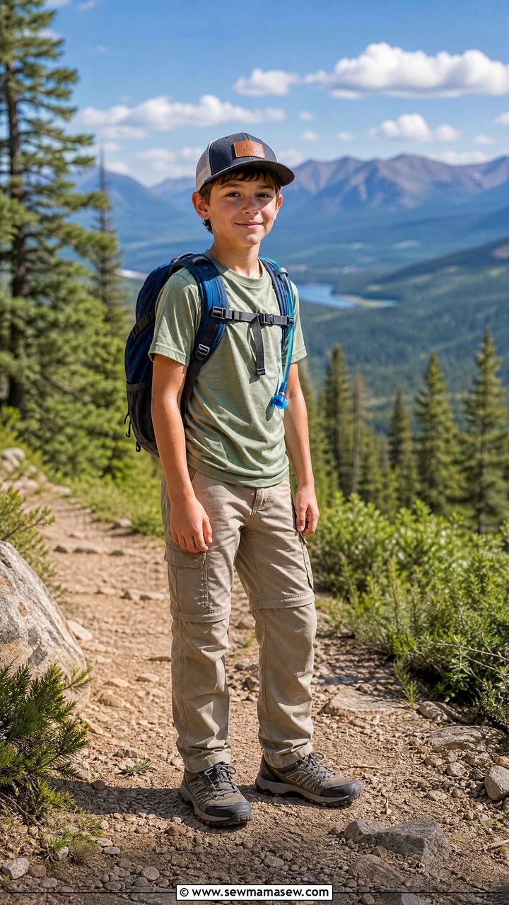 Boy zip off cargo pants and moisture wicking tee hiking adventure outfit - 30 Kids vacation outfit ideas