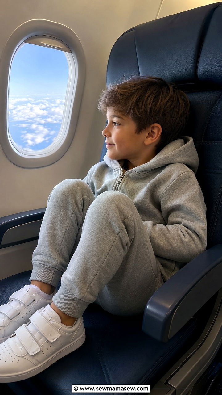 Boy zip up hoodie with sweatpants and Velcro sneakers airplane outfit - 30 Kids vacation outfit ideas