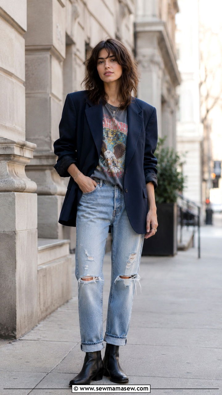 Boyfriend Blazer With Graphic Tee And Distressed Jeans - 30 transitional outfits inspo