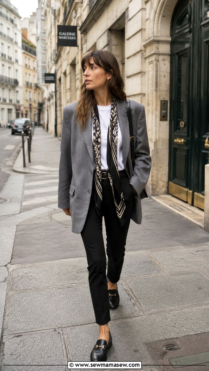 Boyfriend Blazer and Long Skinny Scarf - 25 Parisian outfit ideas in April
