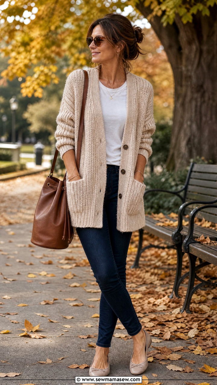 Boyfriend Cardigan with Slim Jeans and Ballet Flats - 25 cardigan outfits for women over 40