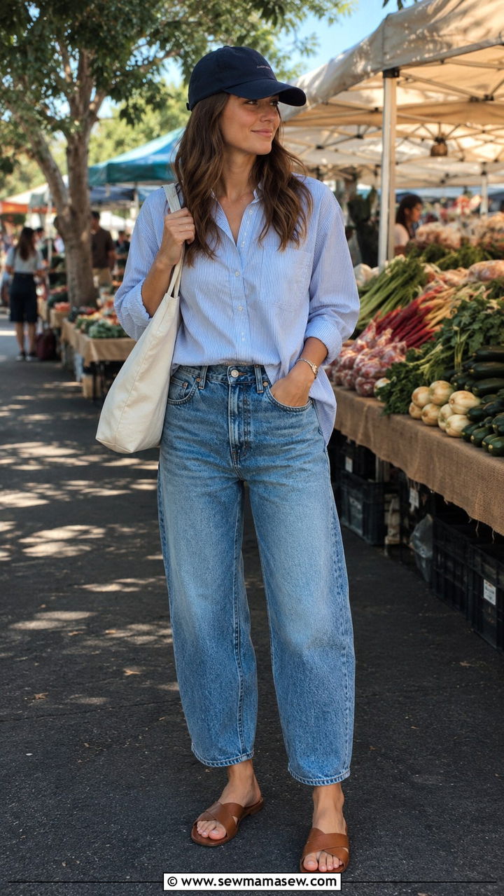 Boyfriend Fit Button Down With Barrel Jeans and Slide Sandals - 25 Barrel jeans outfit ideas with a button down
