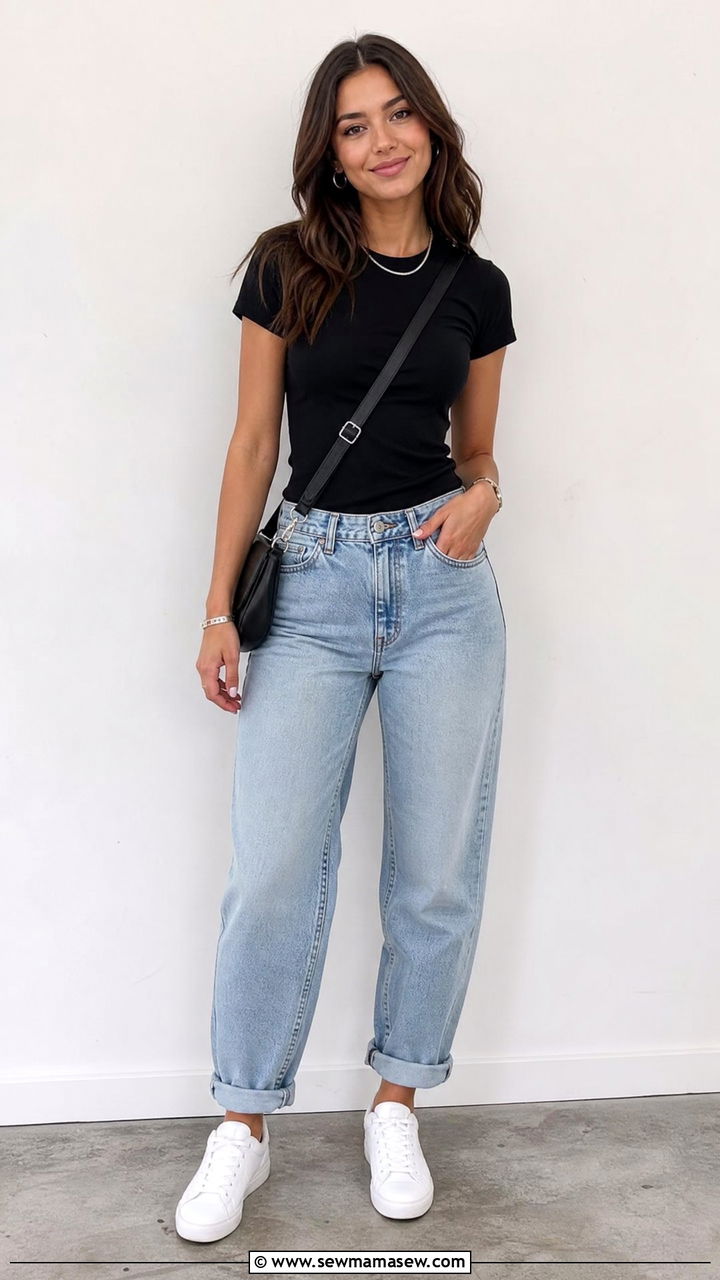 Boyfriend Jeans With Black Top and White Sneakers - 25 Boyfriend jeans outfit ideas with white sneakers