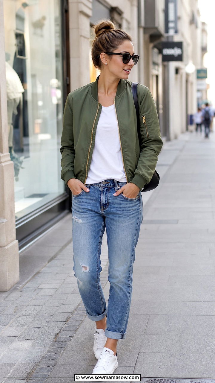 Boyfriend Jeans With Bomber Jacket and White Sneakers - 25 Boyfriend jeans outfit ideas with white sneakers