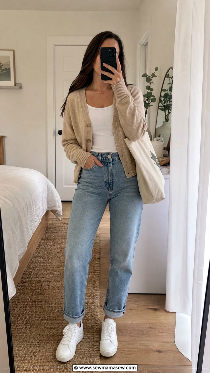 Boyfriend Jeans With Cardigan and White Sneakers - 25 Boyfriend jeans outfit ideas with white sneakers