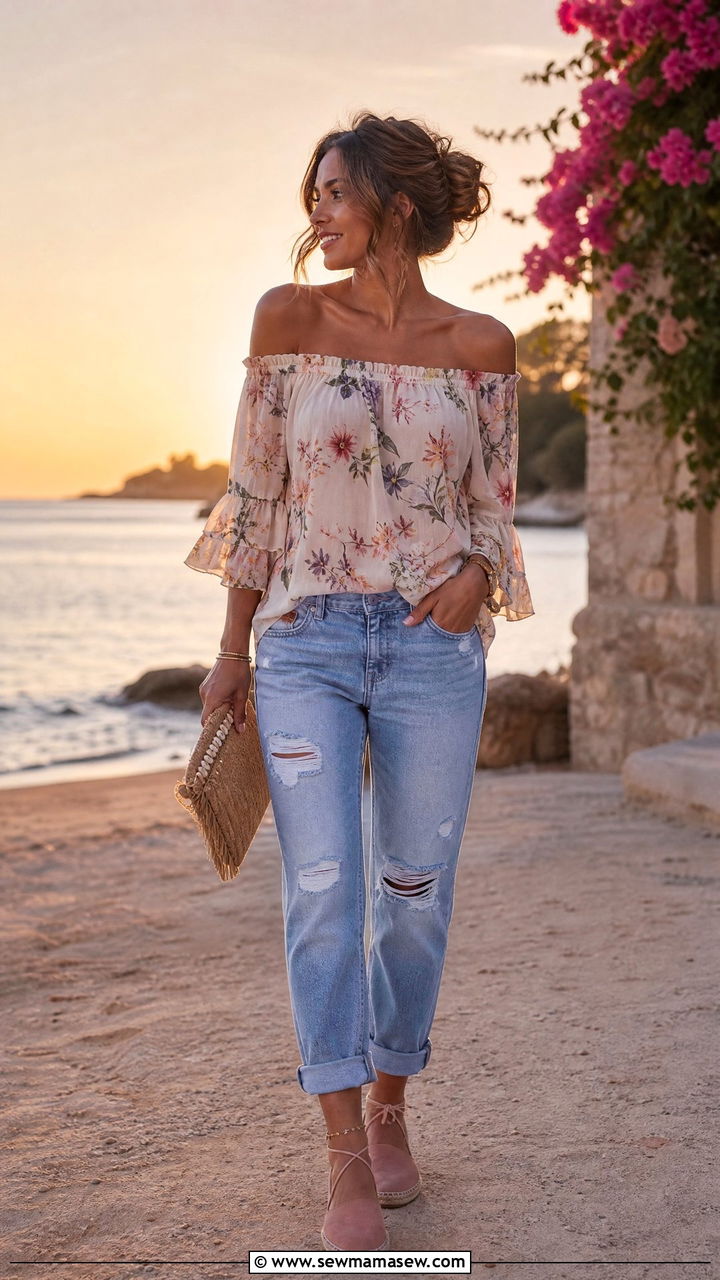 Boyfriend Jeans With Espadrille Flats And Off Shoulder Top - 25 Boyfriend jeans outfit ideas with flats