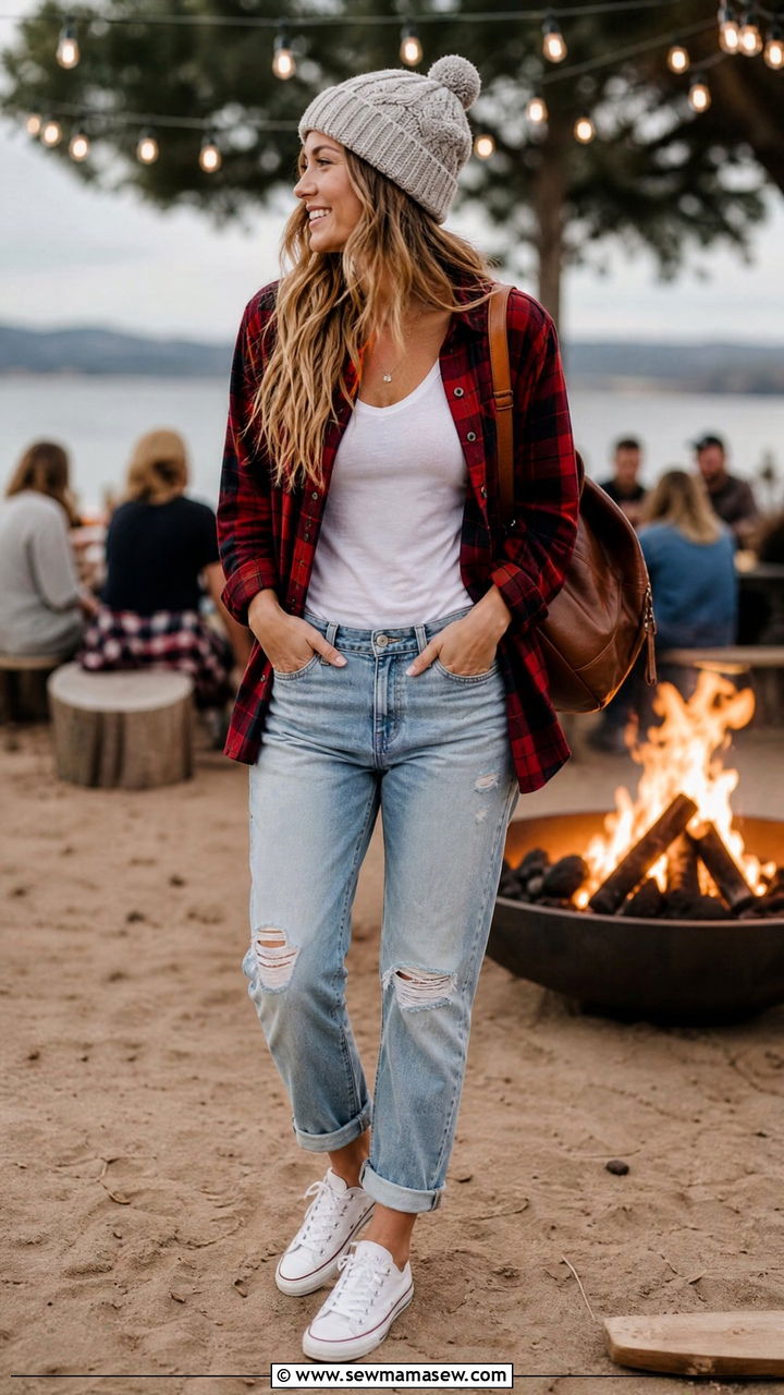 Boyfriend Jeans With Flannel Shirt and White Sneakers - 25 Boyfriend jeans outfit ideas with white sneakers