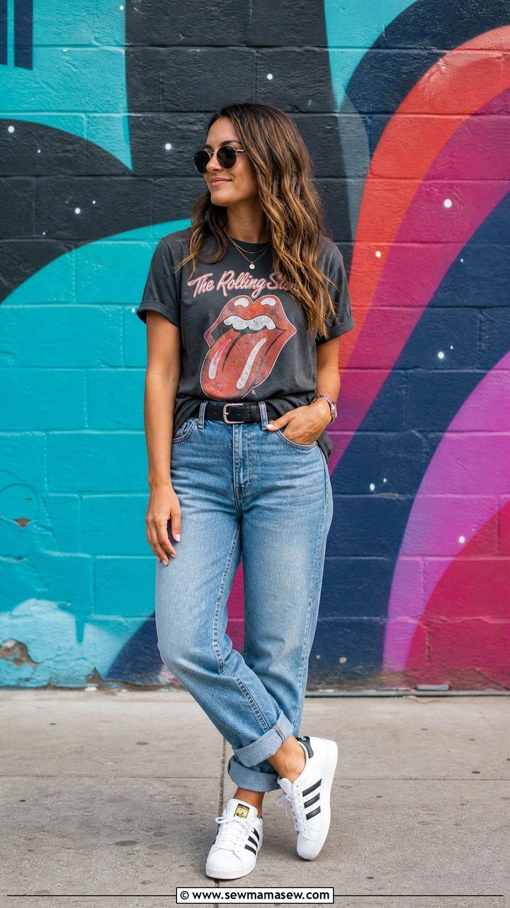 Boyfriend Jeans With Graphic Tee and White Sneakers - 25 Boyfriend jeans outfit ideas with white sneakers