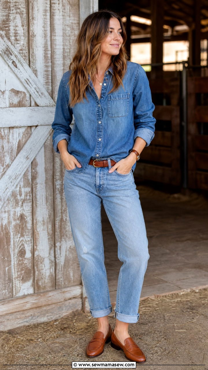 Boyfriend Jeans With Loafers and Denim Shirt - 25 Boyfriend jeans outfit ideas with loafers