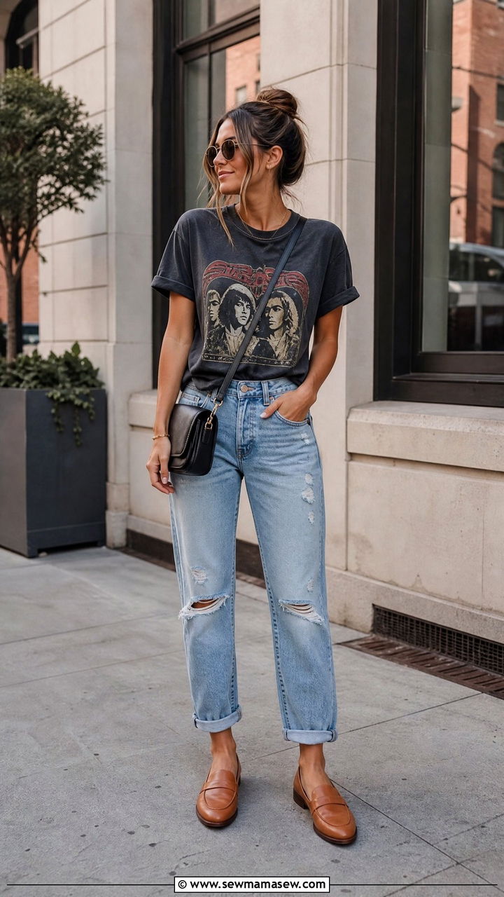 Boyfriend Jeans With Loafers and Graphic Tee - 25 Boyfriend jeans outfit ideas with loafers