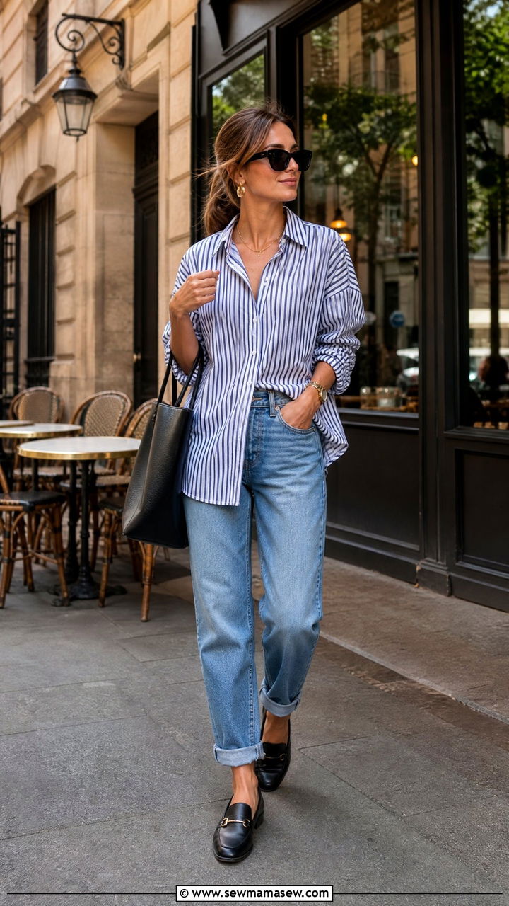 Boyfriend Jeans With Loafers and Striped Shirt - 25 Boyfriend jeans outfit ideas with loafers