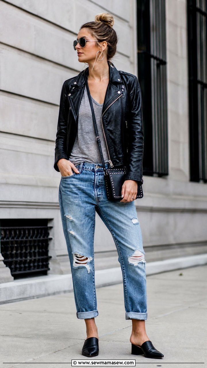 Boyfriend Jeans With Mules And Leather Jacket - 25 Boyfriend jeans outfit ideas with flats