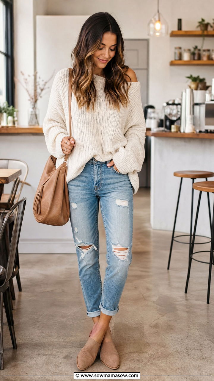 Boyfriend Jeans With Mules And Oversized Sweater - 25 Boyfriend jeans outfit ideas with flats