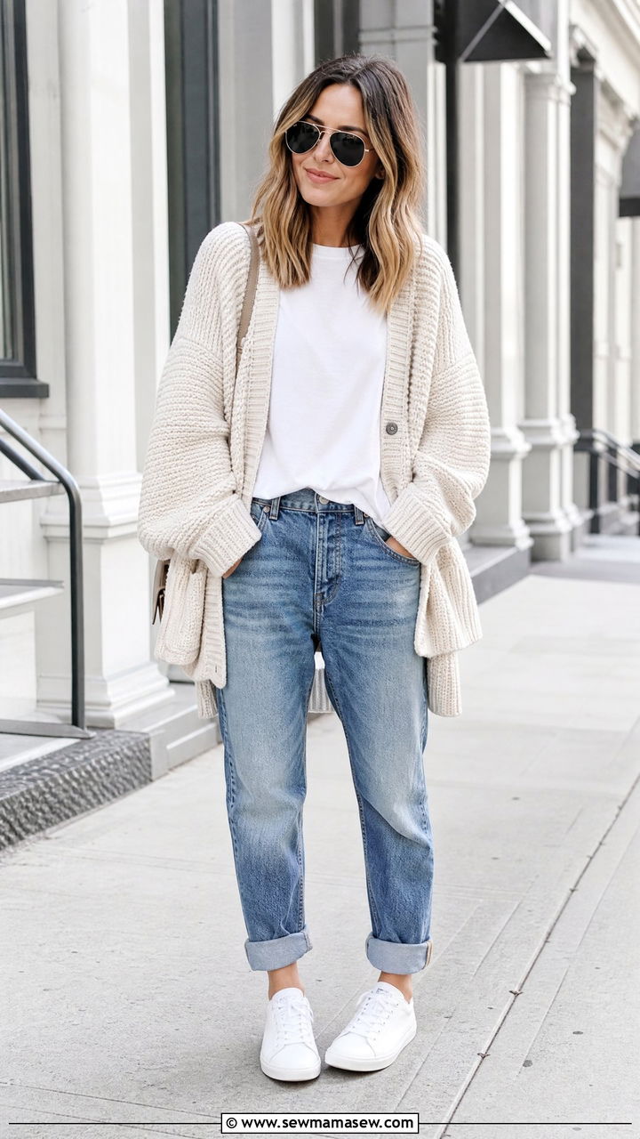 Boyfriend Jeans With Oversized Chunky Cardigan - 25 Boyfriend jeans outfit ideas with a cardigan