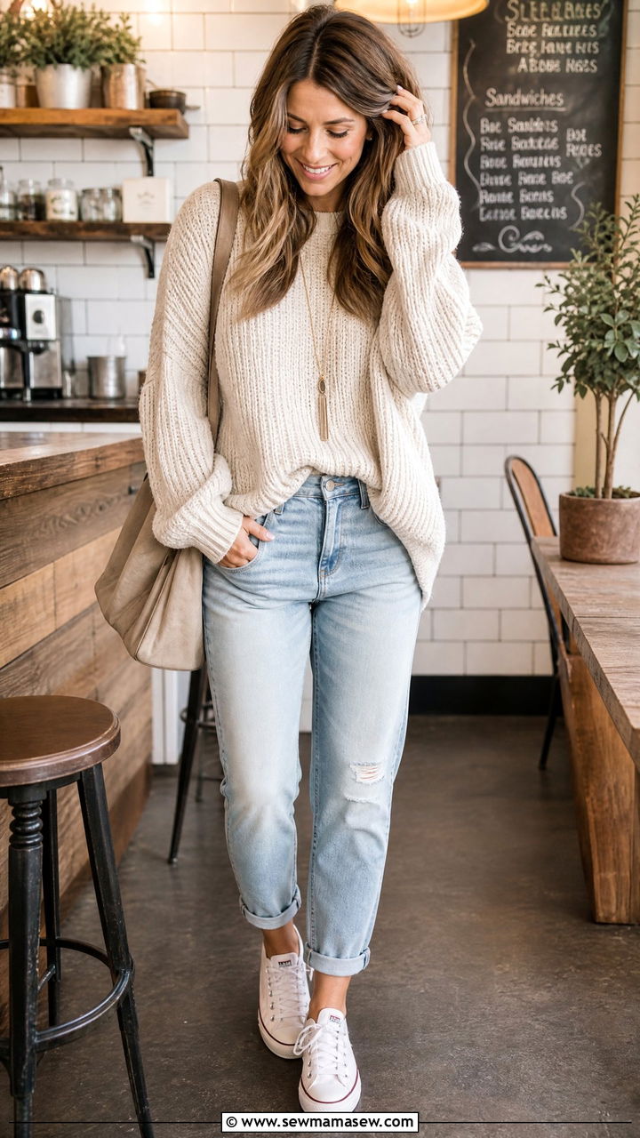 Boyfriend Jeans With Oversized Sweater and White Sneakers - 25 Boyfriend jeans outfit ideas with white sneakers