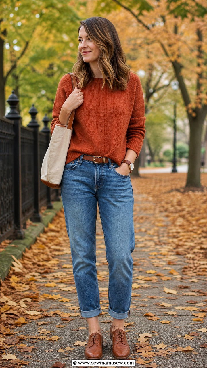 Boyfriend Jeans With Oxford Flats And Crewneck Sweater - 25 Boyfriend jeans outfit ideas with flats