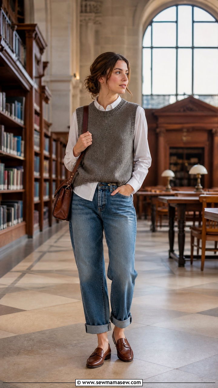 Boyfriend Jeans With Oxford Flats And Knit Vest - 25 Boyfriend jeans outfit ideas with flats