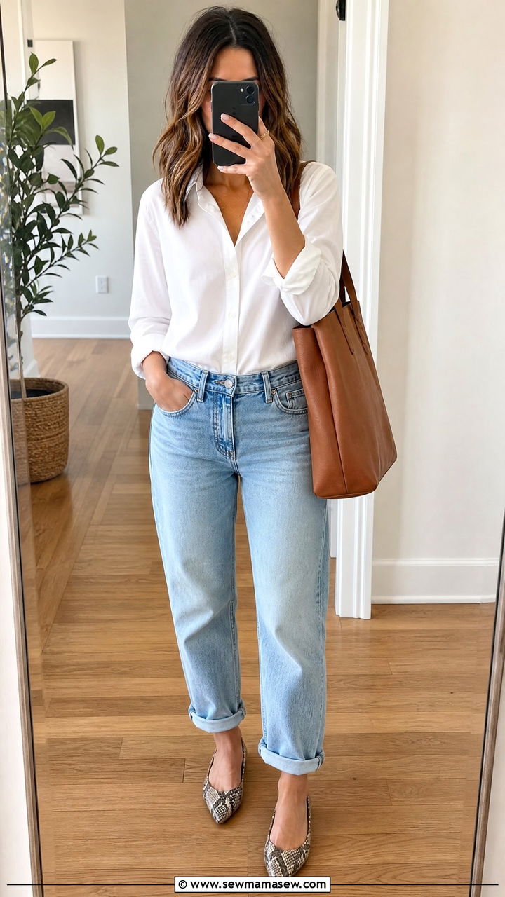 Boyfriend Jeans With Pointed Toe Flats And Button Down - 25 Boyfriend jeans outfit ideas with flats