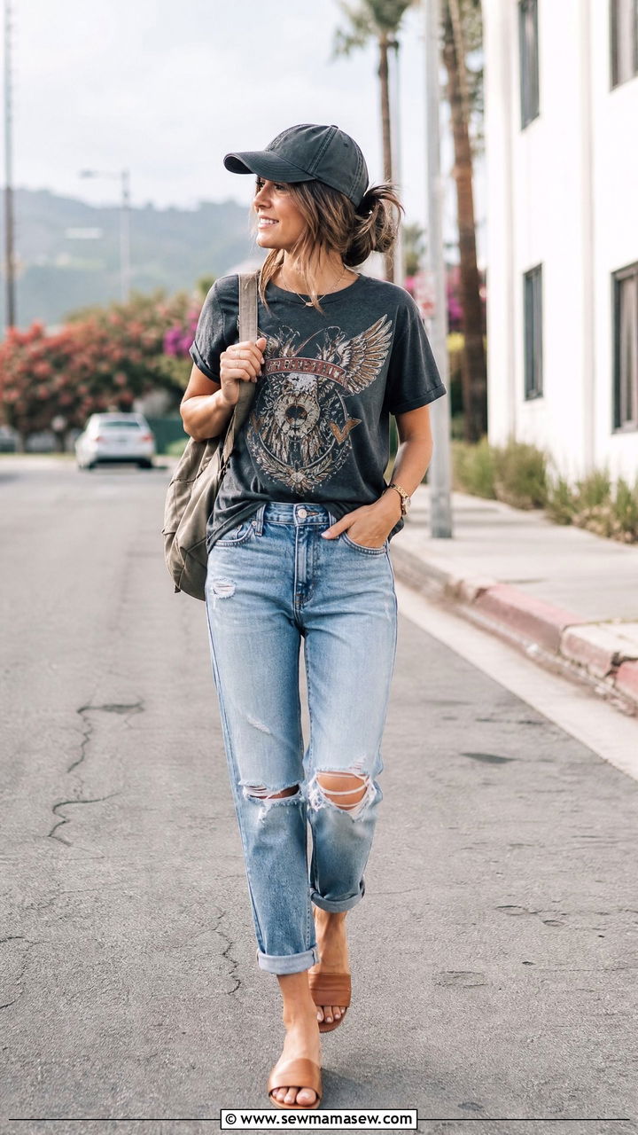 Boyfriend Jeans With Slide Sandals And Graphic Tee - 25 Boyfriend jeans outfit ideas with flats