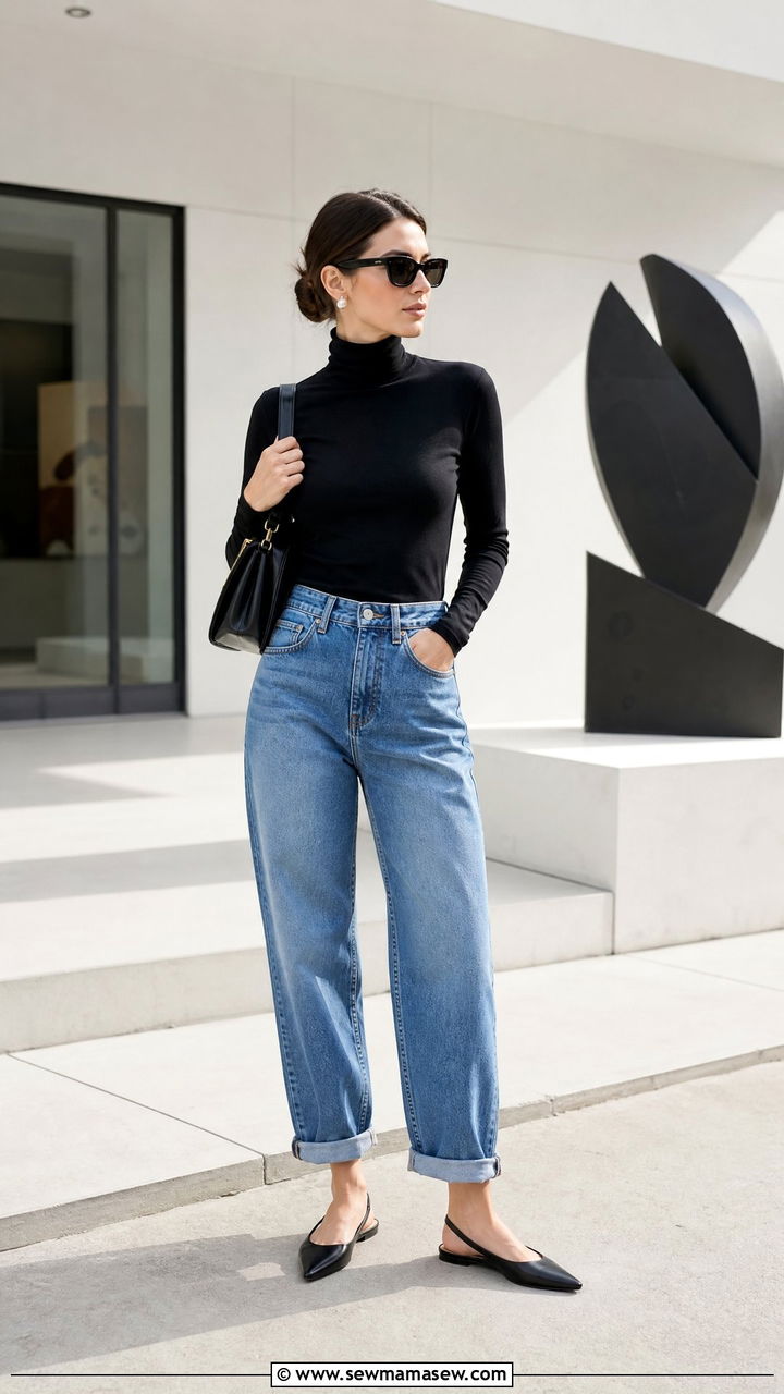 Boyfriend Jeans With Slingback Flats And Turtleneck - 25 Boyfriend jeans outfit ideas with flats