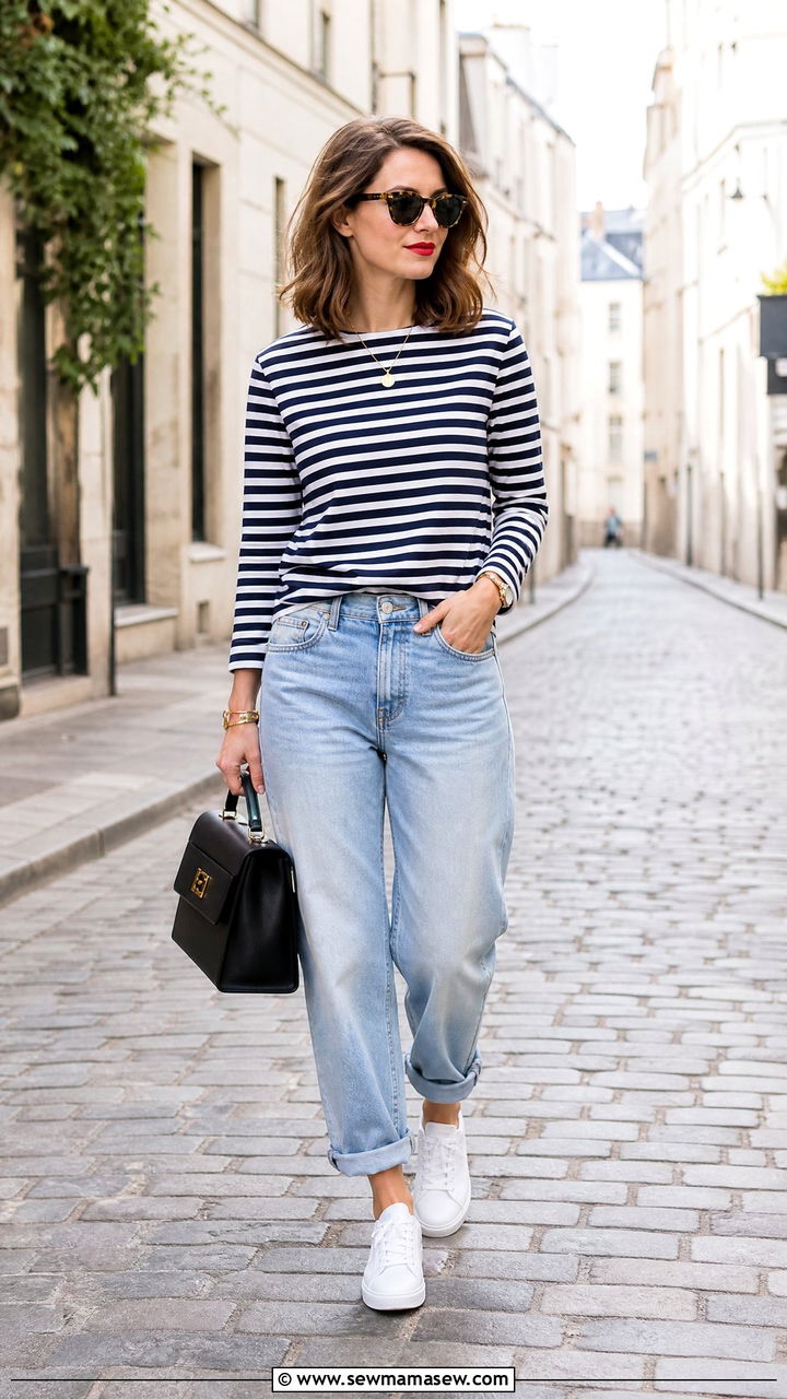Boyfriend Jeans With Striped Breton Top and White Sneakers - 25 Boyfriend jeans outfit ideas with white sneakers