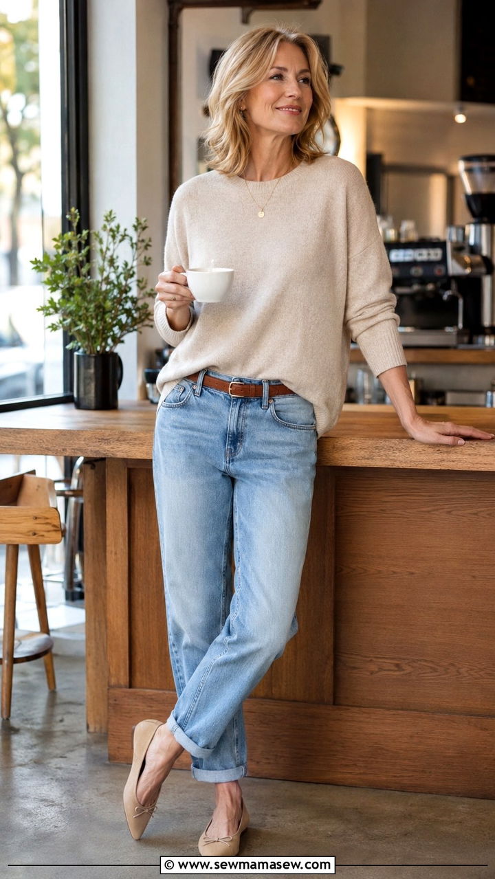 Boyfriend Jeans With a Cashmere Sweater - 25 Outfit ideas for women over 50 casual 2026