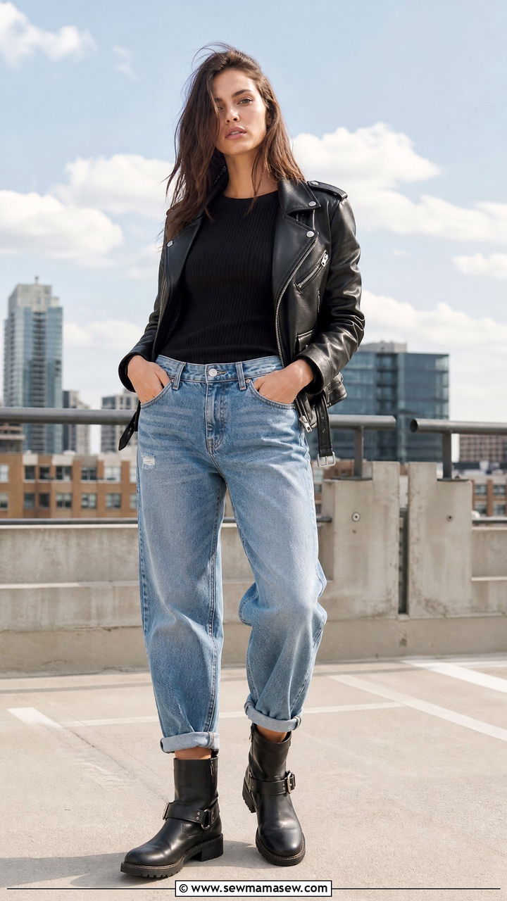 Boyfriend Jeans with Biker Boots and Moto Jacket - 25 Boyfriend jeans outfit ideas with boots