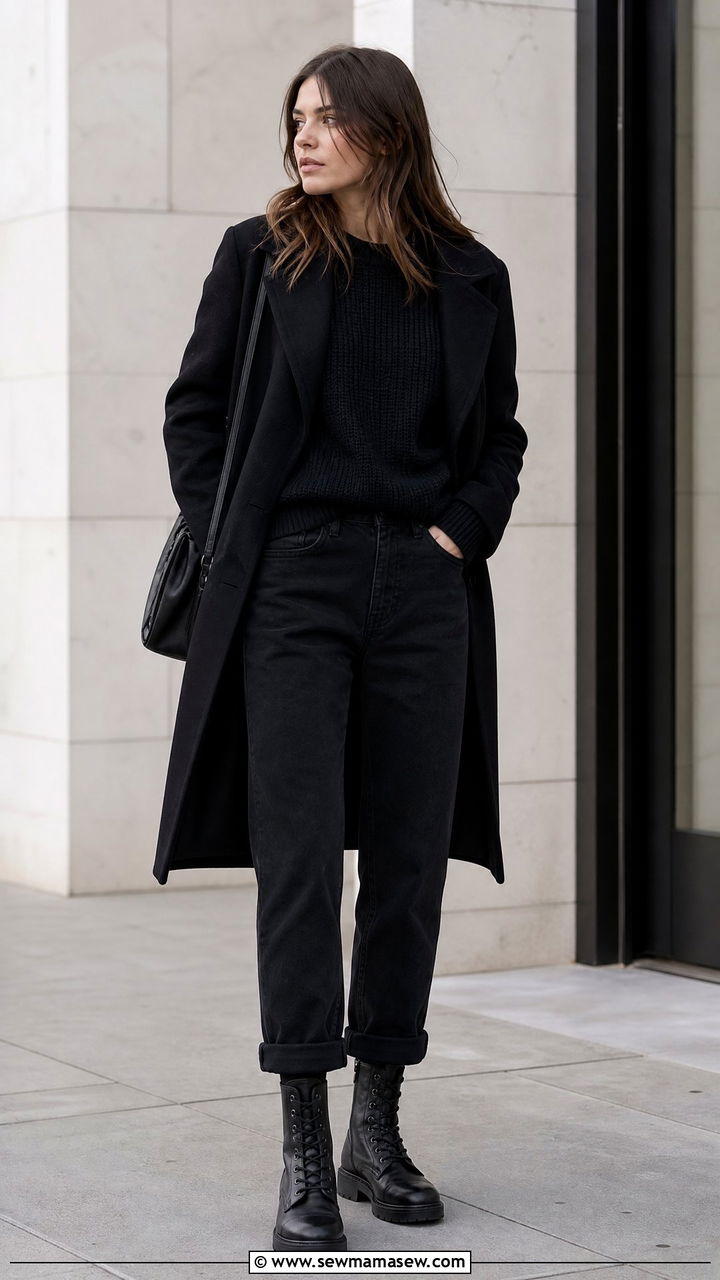 Boyfriend Jeans with Black Combat Boots and All Black Ensemble - 25 Boyfriend jeans outfit ideas with boots