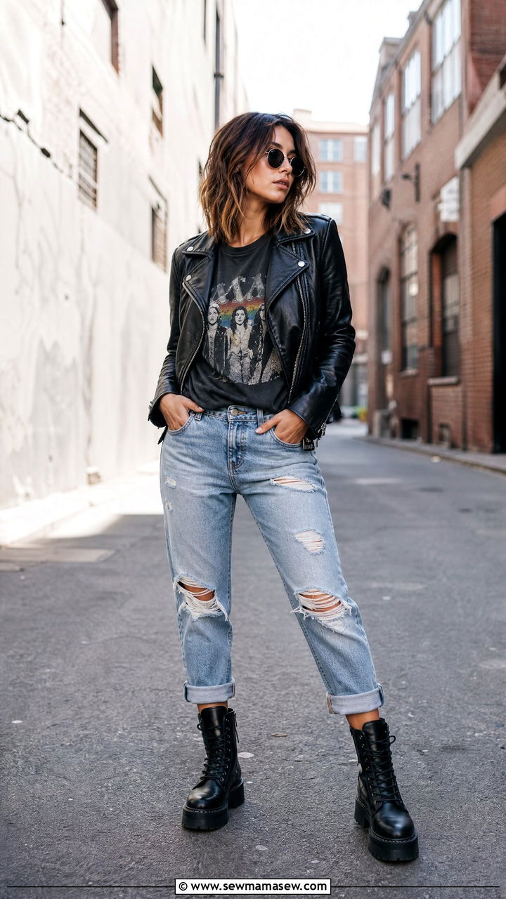 Boyfriend Jeans with Combat Boots and Leather Jacket - 25 Boyfriend jeans outfit ideas with boots