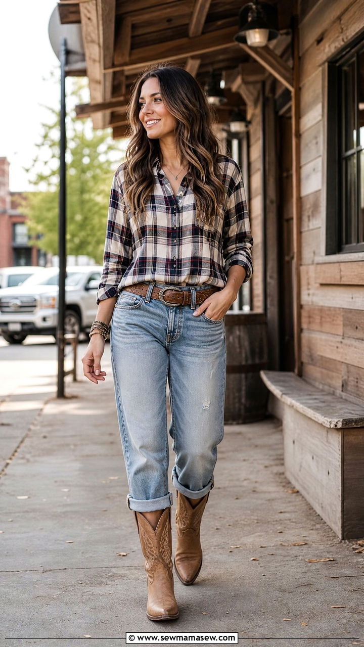 Boyfriend Jeans with Cowboy Boots and Plaid Shirt - 25 Boyfriend jeans outfit ideas with boots