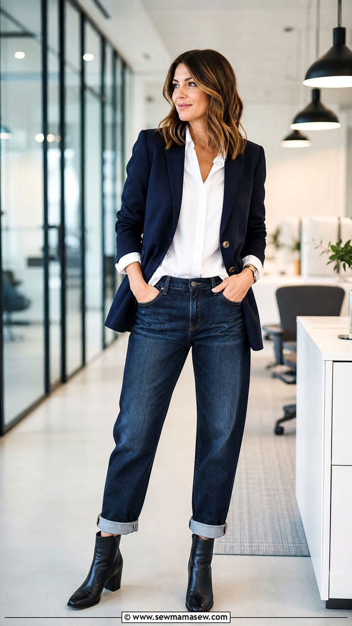 Boyfriend Jeans with Cropped Boots and Tailored blazer for Office - 25 Boyfriend jeans outfit ideas with boots