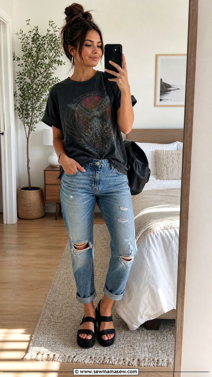 Boyfriend Jeans with Graphic Tee Outfit - 30 Summer outfits with boyfriend jeans