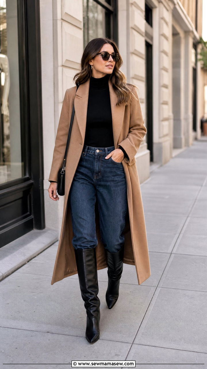 Boyfriend Jeans with Knee High Boots and Fitted Turtleneck - 25 Boyfriend jeans outfit ideas with boots