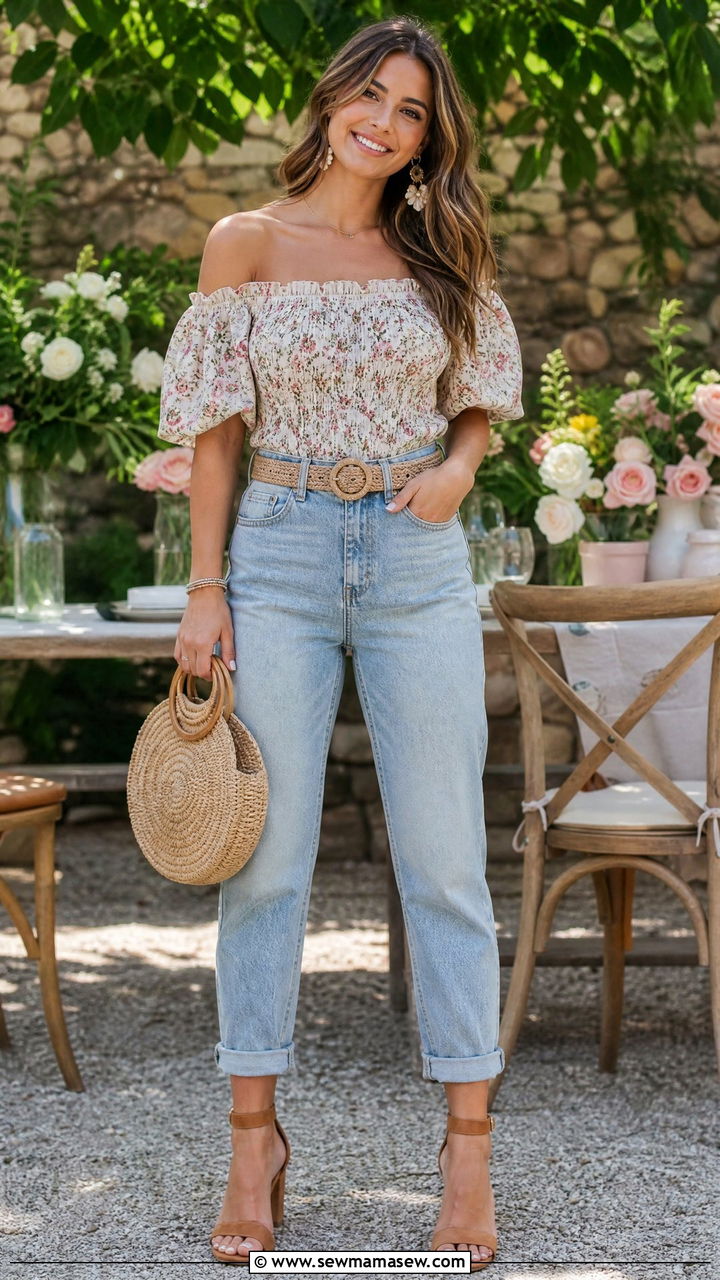 Boyfriend Jeans with Off Shoulder Top Outfit - 30 Summer outfits with boyfriend jeans