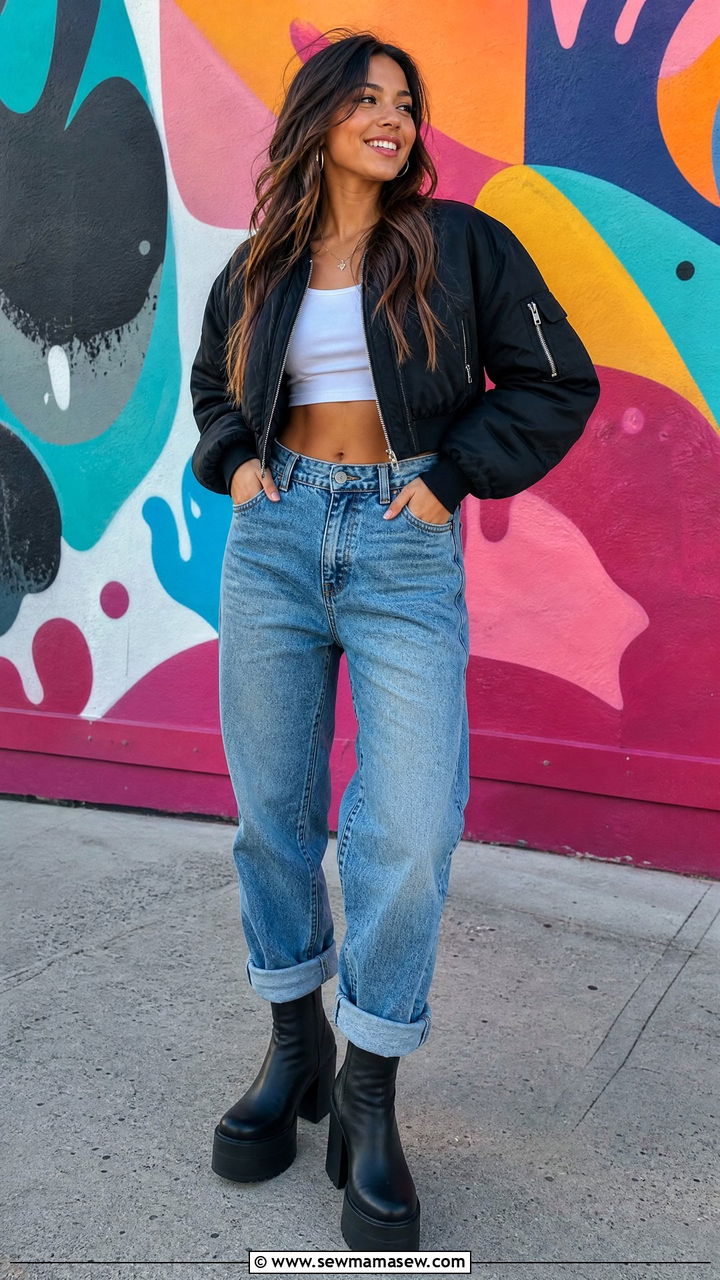 Boyfriend Jeans with Platform Boots and Crop Top - 25 Boyfriend jeans outfit ideas with boots