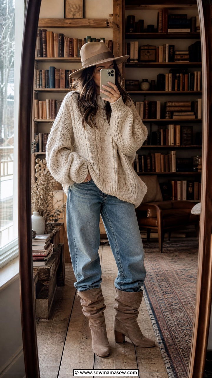 Boyfriend Jeans with Slouchy Boots and Oversized Sweater - 25 Boyfriend jeans outfit ideas with boots