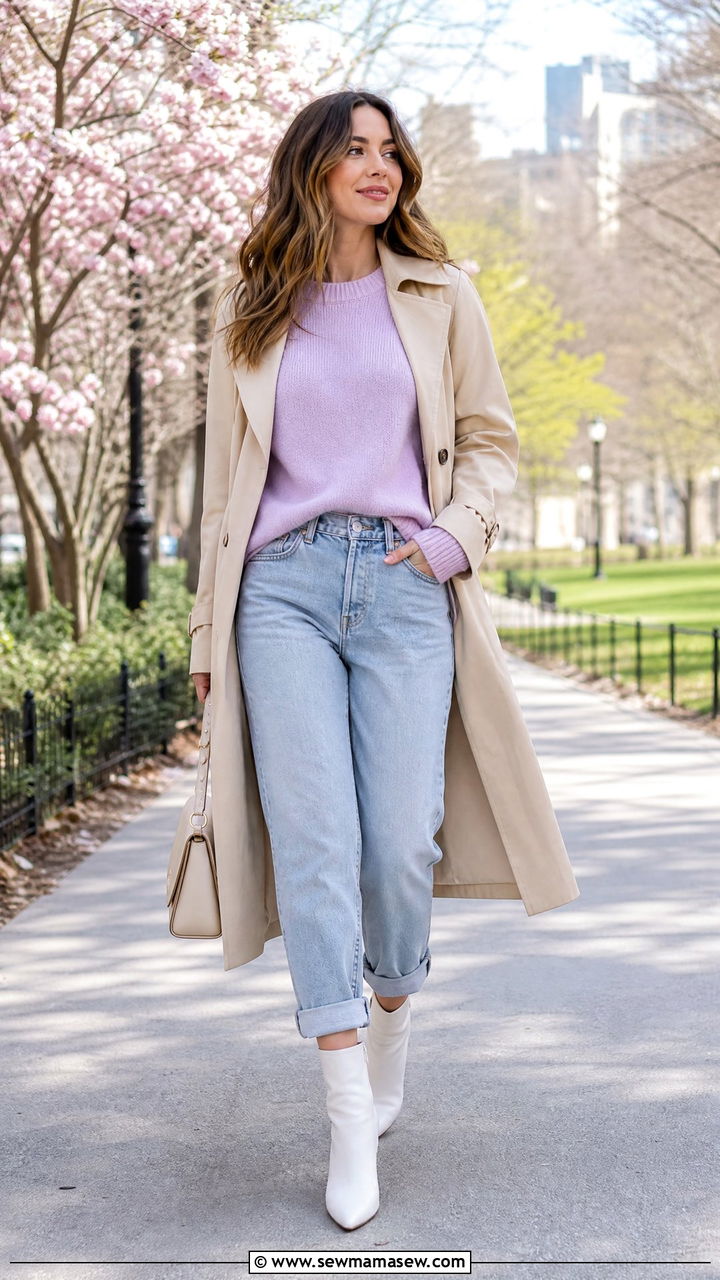Boyfriend Jeans with White Ankle Boots and Pastel Sweater - 25 Boyfriend jeans outfit ideas with boots