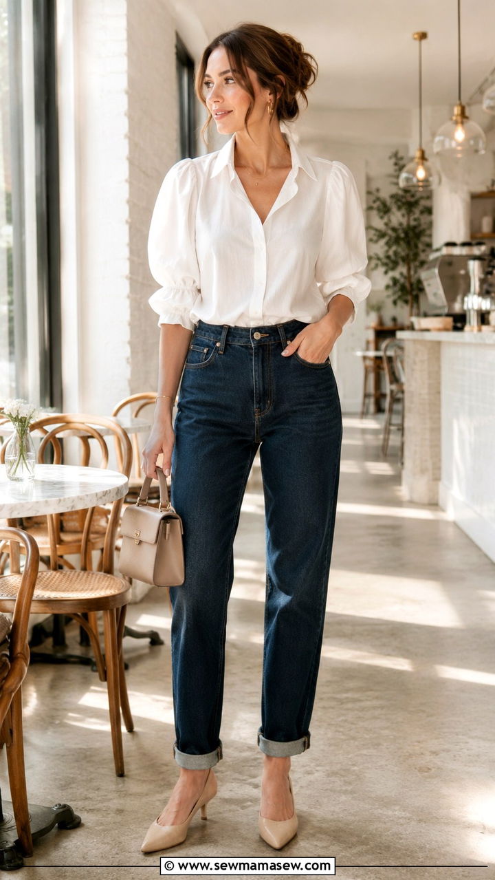 Boyfriend Jeans with a Blouse and Kitten Heels - 30 Spring outfits with boyfriend jeans