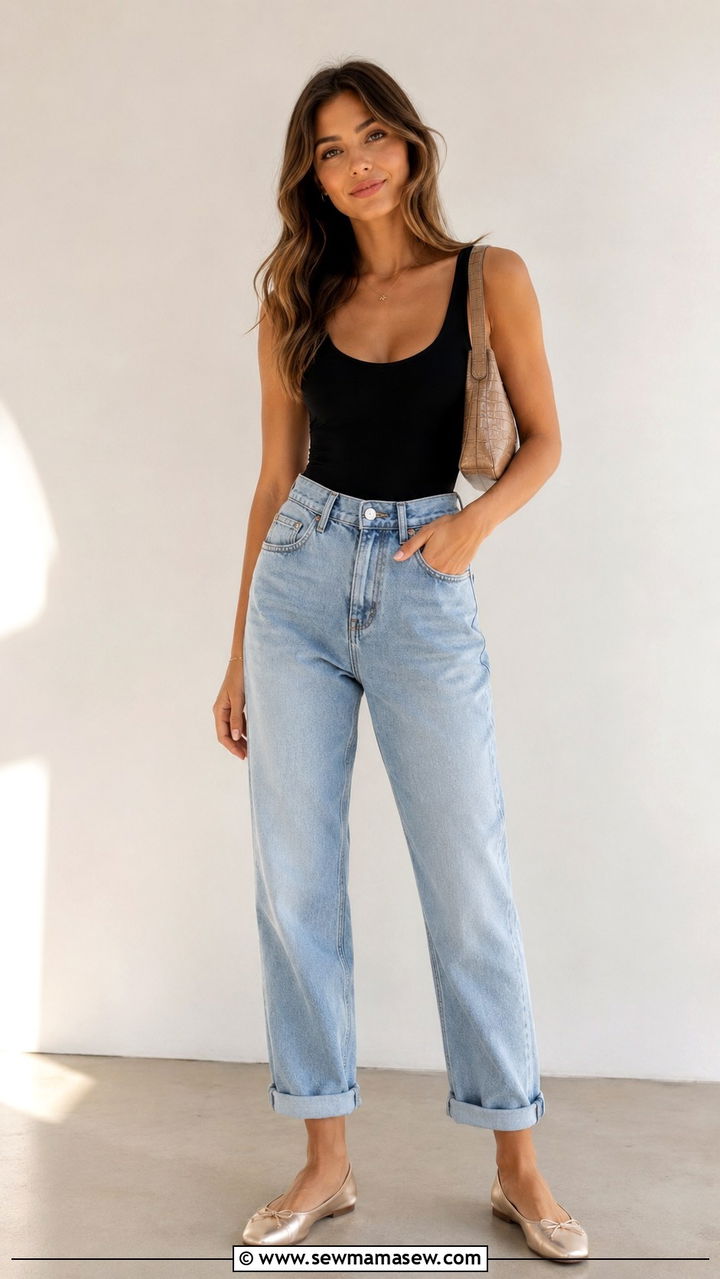 Boyfriend Jeans with a Bodysuit and Ballet Flats - 30 Spring outfits with boyfriend jeans