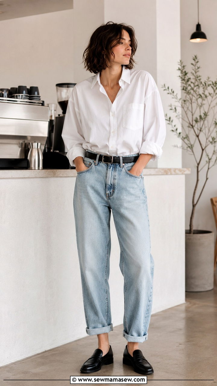 Boyfriend Jeans with a Button Down Shirt and Loafers - 30 Tomboy outfit ideas